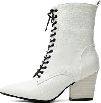 Generic Womens Chunky High Heel Pointed Toe Ankle Boots Lace Up Fashion Winter Shoes with Side Zipper (White,5.5)