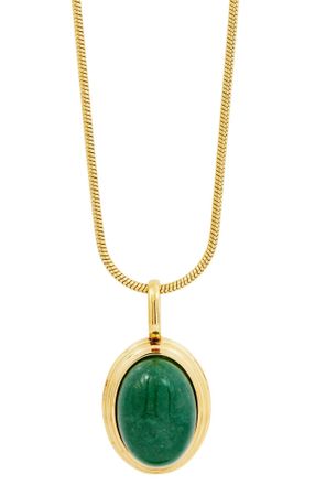 Savvy Cie Jewels GOLD PLATED OVAL GREEN AVENTURINE PENDANT WITH SNAKE CHAIN