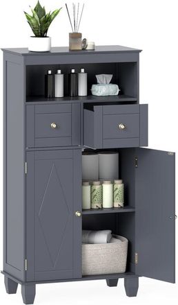 Costway Freestanding Bathroom Cabinet 108cm 2 Drawers 2 Doors Adjustable Grey