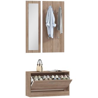 OEM Set Mobili Ingresso 3 Pezzi Con Panca Scarpiera, Appendiabiti A Muro E Specchio, Guardaroba Da Camera E Corridoio In Legno, 80x27x46.5 Cm, Marrone Scu