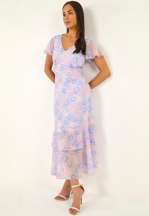 Roman Floral V-Neck Frill Midi Dress