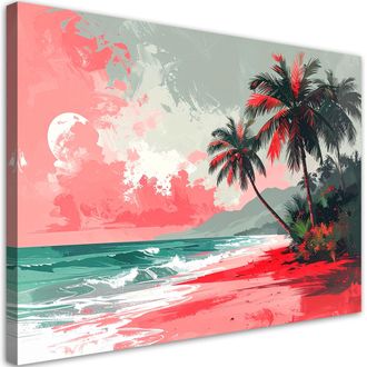 Feeby Cuadro En Lienzo, Paisaje Pastel De Playa Tropical Con Palmeras, 100x70