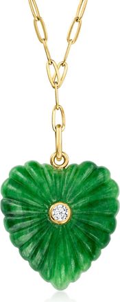 Ross-Simons Carved Jade Heart Paper Clip Link Y-Necklace With Single Lab-Grown Diamond in 18kt Gold Over Sterling