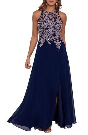 Betsy & Adam Embellished Bodice Chiffon Gown in Navy/Rose at Nordstrom Rack, Size 10