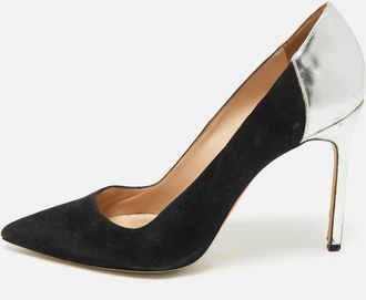 Manolo Blahnik Silver/black Leather And Suede Osmana Pointed Toe Pumps