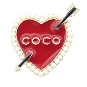 Chanel Red Enamel Faux Pearl Coco Heart and Arrow Brooch