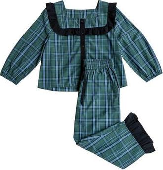 TBCo Cotton Cropped Leg Ruffle Pajamas in Green Tartan at Nordstrom, Size X-Large