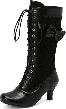 Generic Womens Lace Up Vintage Victorian Boots Mid Kitten Heel Mid-Calf Boots Round Toe Gothic Boot with Side Zipper,Black,2.5 UK