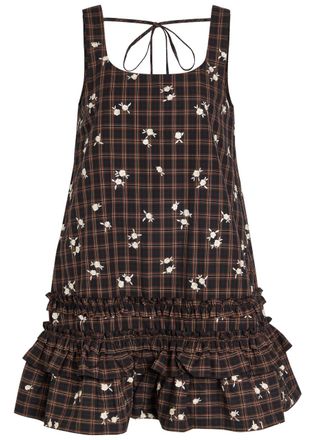 Ganni Checked Floral-embroidered Cotton-poplin Mini Dress - Brown - 42 (UK14 / L)