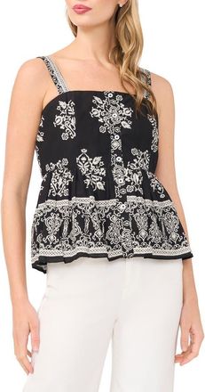 CeCe by Cynthia Steffe Print Ruffle Hem Sleeveless Top in Rich Black at Nordstrom, Size Xx-Small