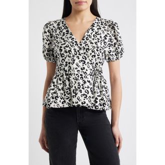 Loveappella Animal Print Wrap Top in Beige/Black at Nordstrom, Size X-Small