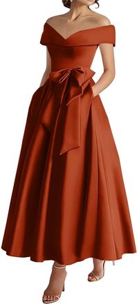 Generic Burnt Orange Satin Mother of The Bride Dresses Off The Shoulder Tea Length Formal Wedding Guest Dress with Bow Evening Cocktail Gown with Pockets 14