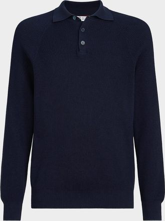 Brunello Cucinelli Mens Cotton English Rib Knit Polo Sweater