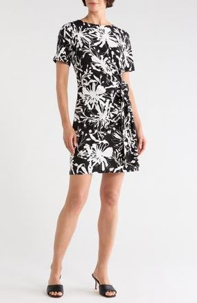 DKNY Floral Short Sleeve Faux Wrap Dress in Ink Floral- Black/Ivory at Nordstrom Rack, Size X-Small