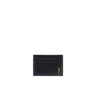 Saint Laurent Wallets & Cardholders, male, Black, Size: ONE SIZE Calfskin Card Holder with Brass Logo