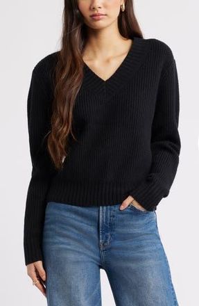 Open Edit Rib V-Neck Sweater in Black at Nordstrom Rack, Size Medium