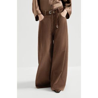 Brunello Cucinelli Stretch cotton and cashmere corduroy five-pocket maxi trousers with monili in Cigar at Nordstrom, Size 44