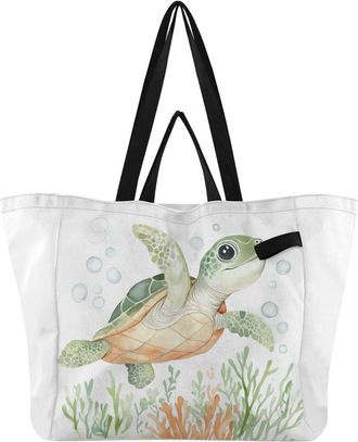 Generic Turtle Seaweed Bubbles White print Reusable Canvas Tote Bag, Heavy Duty Grocery Shopping Bag with Hard Bottom Double Handles Large Capacity Work Groce