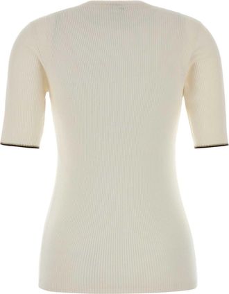 Brunello Cucinelli Womens Cashmere Blend Ribbed T-Shirt Beige Silk