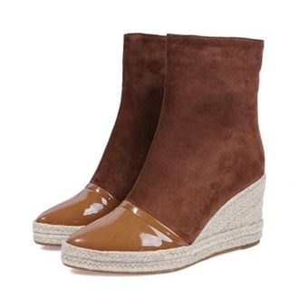 Generic Womens Patchwork Ankle Boots Platform Pointed Toe Wedge Heels Espadrilles Pumps Shoes Pull On Warm Winter Shoes (5.5,Brown)