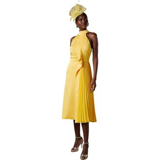 Coast Halter Pleated Asymmetric Hem Midi Dress in Yellow at Nordstrom, Size 6