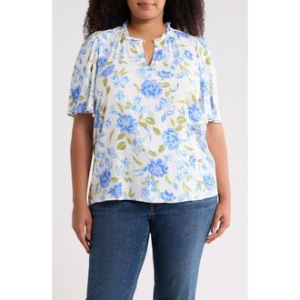 Sugarlips Milla Floral Print Woven Shirt in White-Blue-Green at Nordstrom, Size 2 X