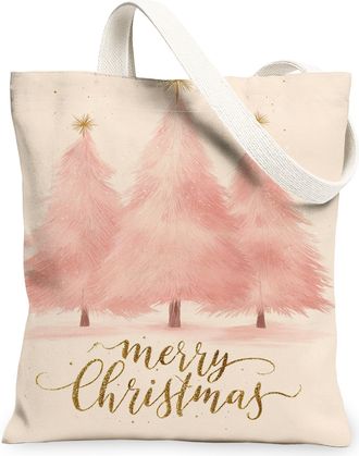 Generic Christmas Peach Trees Canvas Tote Bags, Elegant Holiday Design Reusable Grocery Bags, Lightweight Washable Shoulder Strap C, Peach, 13x15 Inch