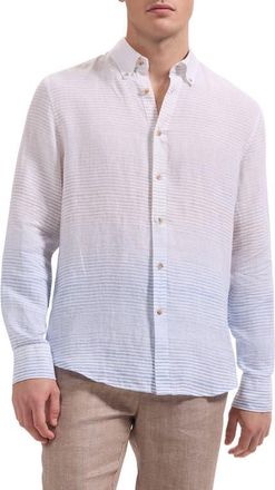 Bugatchi Austin Shaped Fit Gradient Stripe Linen Button-Down Shirt in Air Blue at Nordstrom, Size Xxx-Large