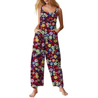 Generic Dungarees Women, Womens Jumpsuit Casual Loose Bib Overalls Elegant Boho Floral Plus Size Wide Leg Jumpsuits with Pockets 01-Deep Red 4XL