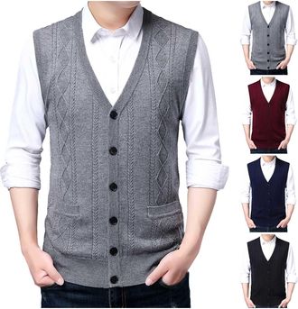 Generic Mens Sleeveless Jumpers Knitted Gilets with Buttons and Pockets Knitted Waistcoats Plain Sweater Vests Sleeveless Cardigan Ribbed Knitwear Gentleman V