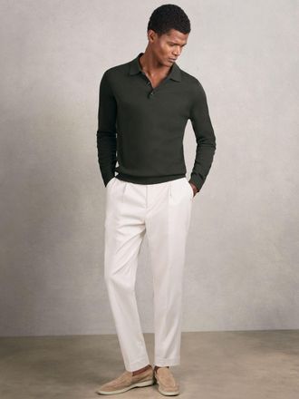 Reiss Dark Military Green Wool Long-sleeve Polo Shirt, XL