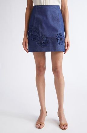 Oscar De La Renta Floral Embroidered Stretch Denim Miniskirt in Dark Denim at Nordstrom, Size 10
