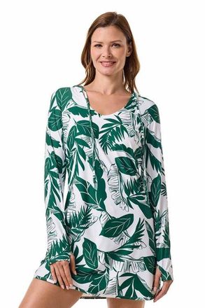 Coolibar Seacoast Hooded Cover-Up Dress, UPF 50+ Sun Protection in Eden Green Palm Paradise at Nordstrom, Size Medium