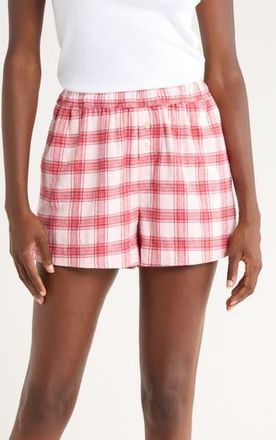 Open Edit Print Cozy Flannel Boxer Pajama Shorts in Pink- Red Gifting Plaid at Nordstrom Rack, Size X-Large