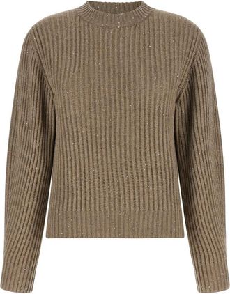 Brunello Cucinelli Trui met pailletten en ribbelstructuur - Dames - Ronde hals truien - Beige - S - Pailletten - Truien & Vesten