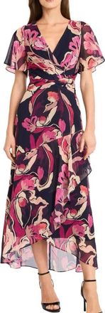 Maggy London Short Sleeve Maxi Dress In Navy With Florals In Apricot, Khaki And Pink