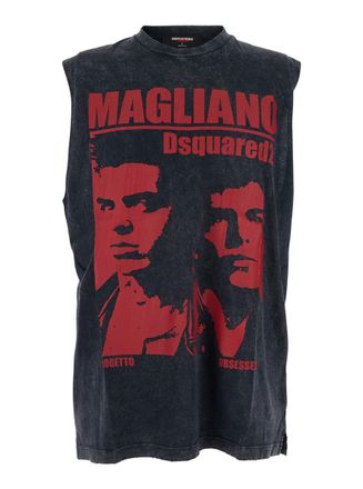 Dsquared2 D2 X Magliano Black Crew Neck Top With Logo Lettering And Front Print In Cotton Man