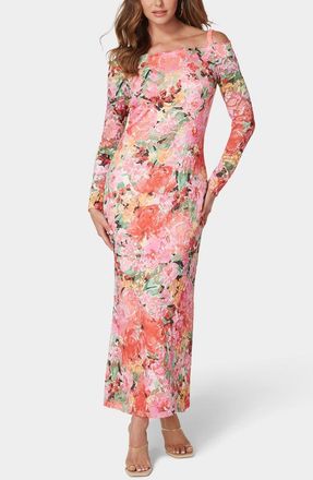 OLEG CASSINI Print Lace Off the Shoulder Long Sleeve Maxi Dress in Pink Multi at Nordstrom Rack, Size X-Large