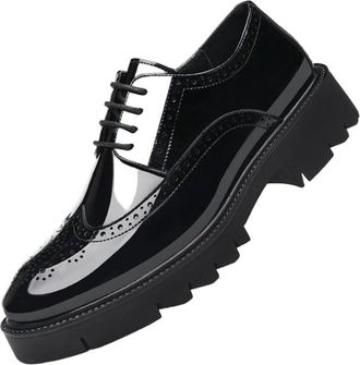 Generic Mens Dress Shoes Glossy Thick Sole Lace Up Brogue Wingtip Oxfords Comfortable Shiny Business Leather Footwear for Formal or Office Wear(7.5) Black