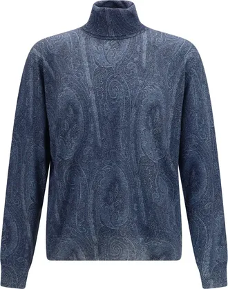 Etro Mens Turtleneck Sweater Silk Print On Blue Background
