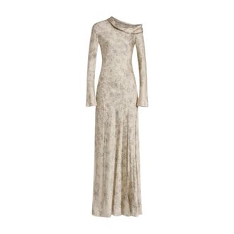 Alberta Ferretti Long Floral Dress with Off-the-Shoulder Detail - female - Alberta Ferretti - Gowns - Beige - XS - Dresses