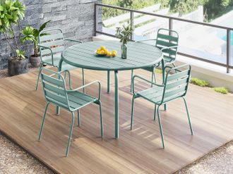 Vente-Unique Sala da pranzo da giardino in Metallo Verde acqua MIRMANDE: un tavolo D.110 cm e 4 sedie impilabili