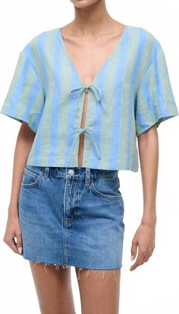 Staud Ava Linen V-Neck Top In Seaport Stripe