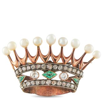 Luxury Bazaar Antique 18K Rose Gold and Sterling Silver 1.30ct Diamond, Emerald, and Pearl Crown Brooch MF02-073026