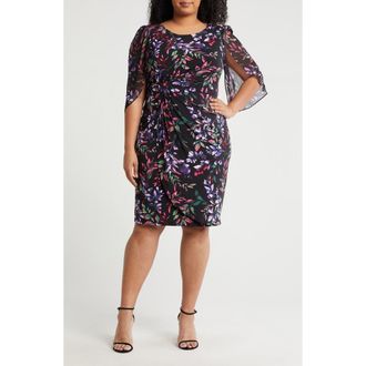 Connected Floral Chiffon Sleeve Faux Wrap Dress in Cherry at Nordstrom Rack, Size 20W