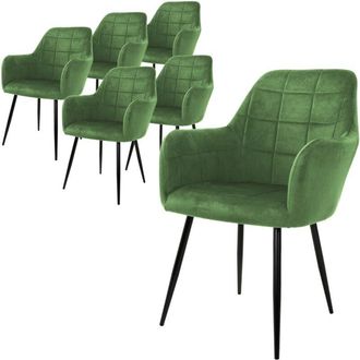 ML Design Ml-design - Ecd Germany Set 6x Sillas De Comedor Verde Salvia Asiento Moderno Tapizado De Terciopelo Patas De Metal Negras, Respaldo Y Reposabrazos Er