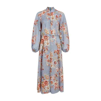 Zimmermann Midi Dresses, female, Blue, Size: M Floral Linen Midi Dress