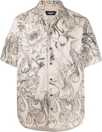 Dsquared2 Katoenen overhemd met korte mouwen en zwarte bloemenprint - Heren - Korte mouwen Overhemden - Beige - L - Katoen - Overhemden