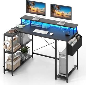 Costway Costway - Scrivania Angolare da Gaming, Scrivania Salvaspazio a Forma di l con Luci led, Stazione di Ricarica, Ripiani e Supporto per Monitor