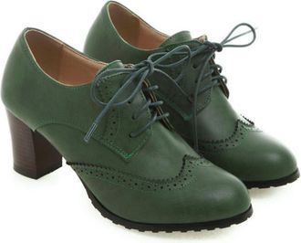Generic Womens Block Heel Brogue Shoes - Lace-Up Round Toe Formal Work Shoes for Office & Occasions,Green,6.5 UK